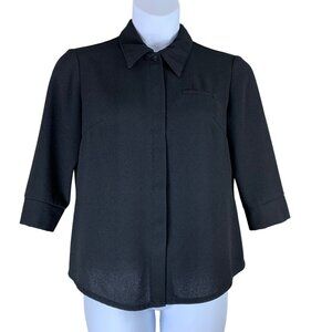 Sport Collection Sz Petite 12 Blouse Black Button Up Collared 3/4 Sleeve Womens